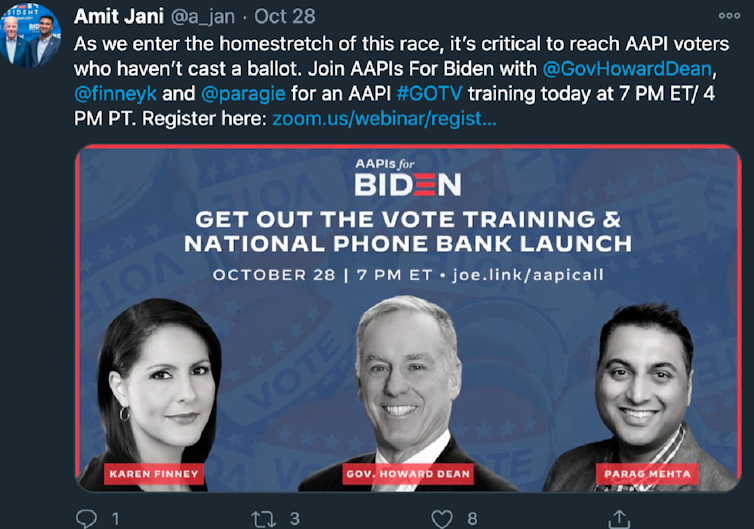 A screenshot from a social media page shows a user named Amit Jani encouraging voters who are Asian or Pacifc Islanders to attend an online call for Joe Biden's election