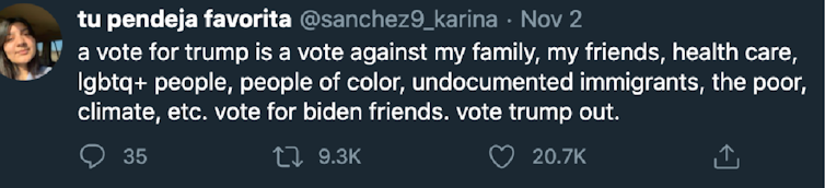 A screenshot from a social made page shows a young female user who posted the words, 'A vote for Trump is a vote against my family, my friends, health care, LGBTQ plus people, people of color, undocumented immigrants, the poor, climate, etc. Vote for Biden friends. Vote trump out.
