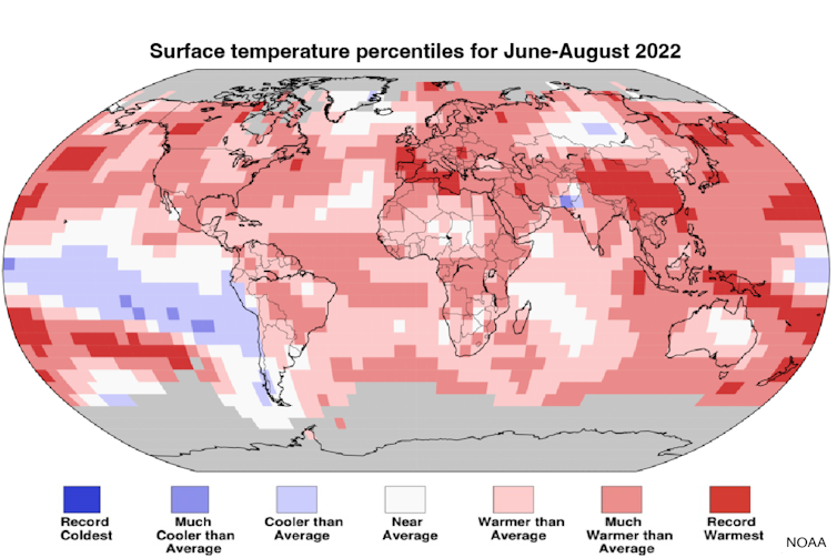 Map showing temperature anomalies, with extremes in Europe, Asia and North America.