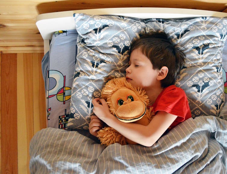 A child asleep with their toy.