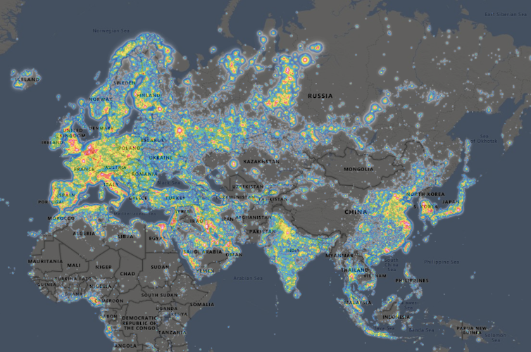 Hotspot di inquinamento luminoso in Europa, Asia e Nord Africa