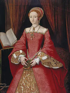 Painting of a young Elizabeth I in a red and gold dress, holding a book and wearing ornate jewellery