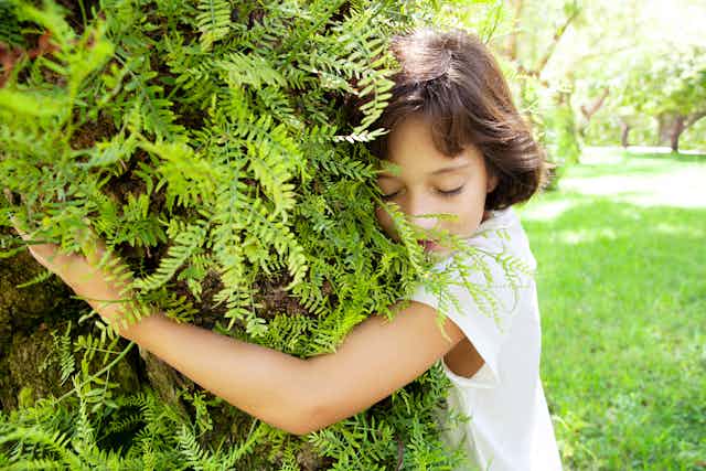 A young girl hugging a tree.