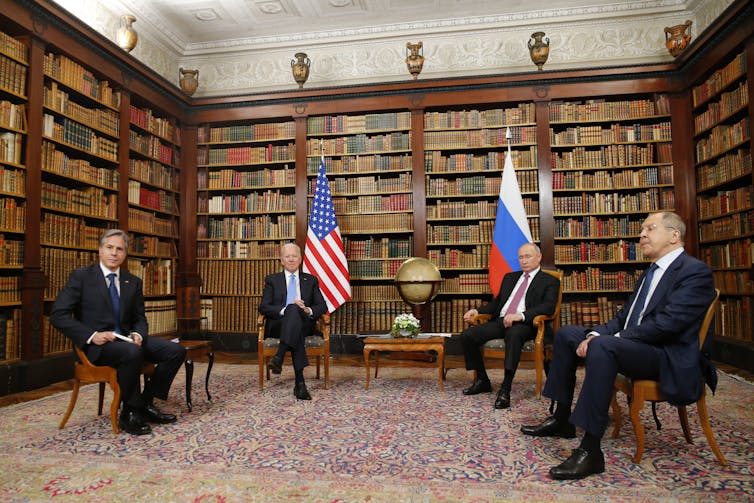 Summit meeting between US president Joe Biden and US secretary of state Antony Blinken and Russia's president, Vladimir Putin, and foreign minister, Sergei Lavrov in Geneva 2021.