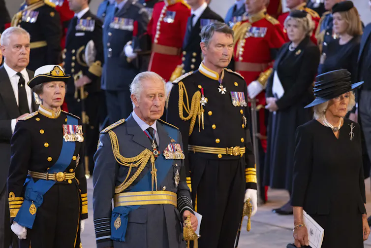 King Charles, Princess Anne and others, in military dress at the service for the commencement of their mother's Lying-in-State