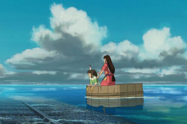 Girl and woman float along water in a crate.