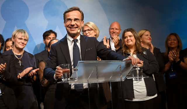 Ulf Kristersson and his team celebrating their election success. 