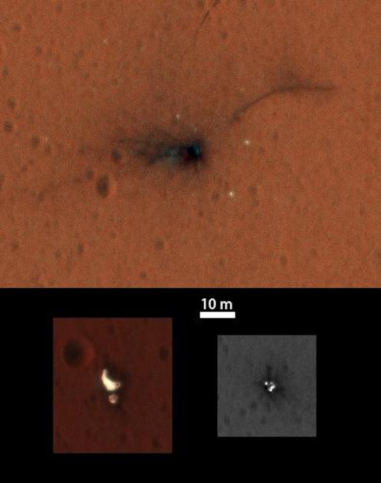 Three images showing black soot and debris from above.