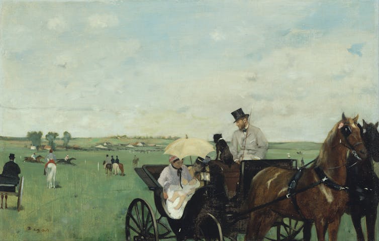 A painting of a woman breastfeeding in a carriage in the 19th century.