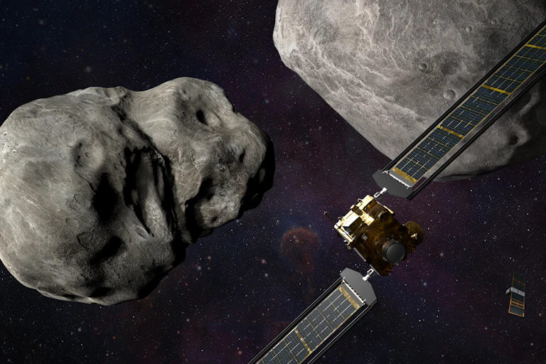 A spacecraft approaching a grey rock floating in space