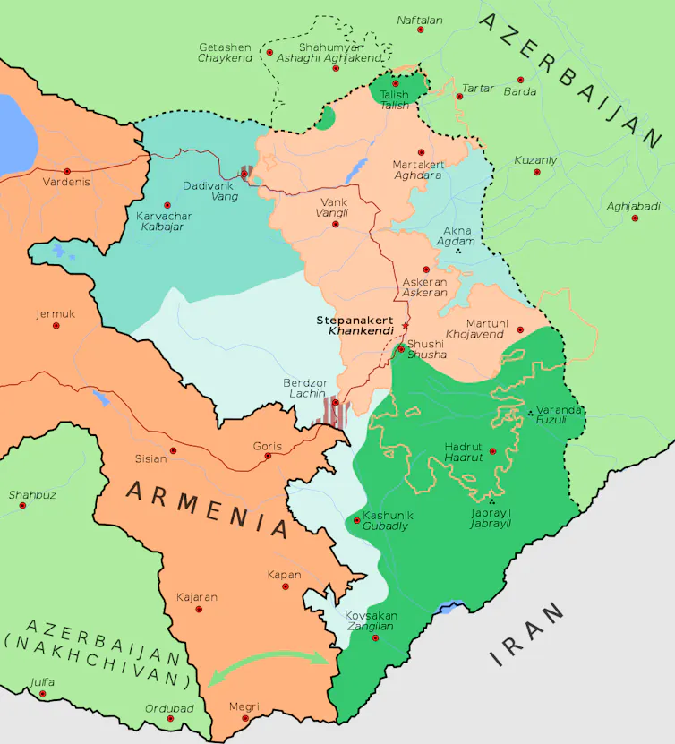 Map of the disputed Nagorno-Karabakh region in Central Asia as determined by the 2020 ceasfire agreement.