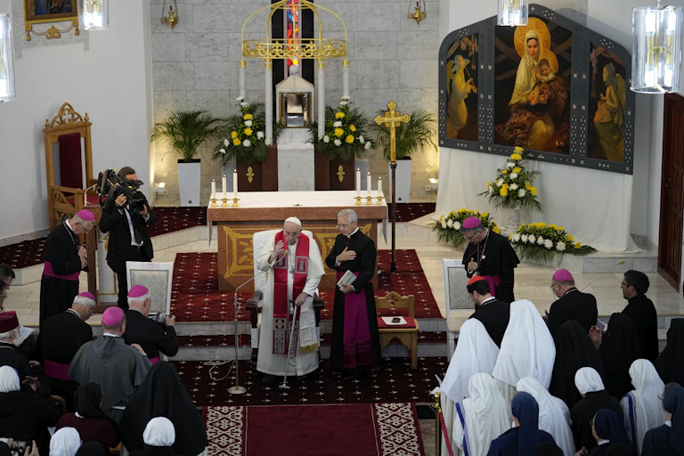 Pope Francis attending a meeting with priests and religious leaders, in the Our Lady Of Perpetual Help Cathedral in Nur-Sultan, Kazakhstan.