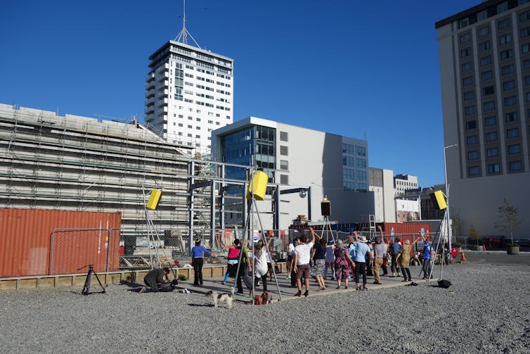 People dancing in a makeshift space in post-quake Christchurch.