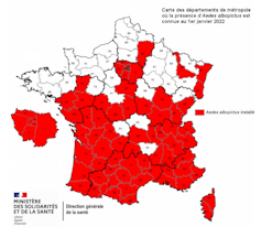 Carte de la répartition du moustique tigre en France métropolitaine et en Corse, en janvier 2022