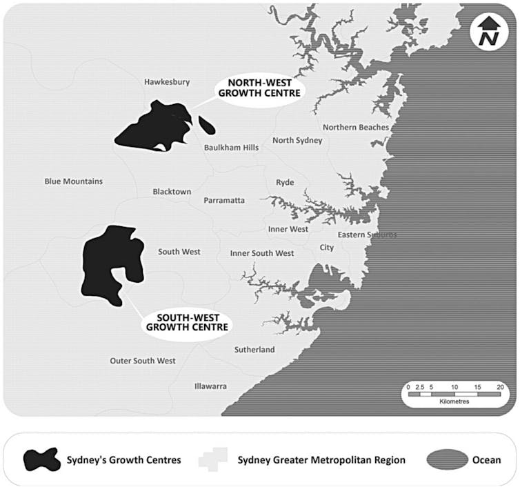 Map showing location of Greater Sydney's North West and South West growth centres