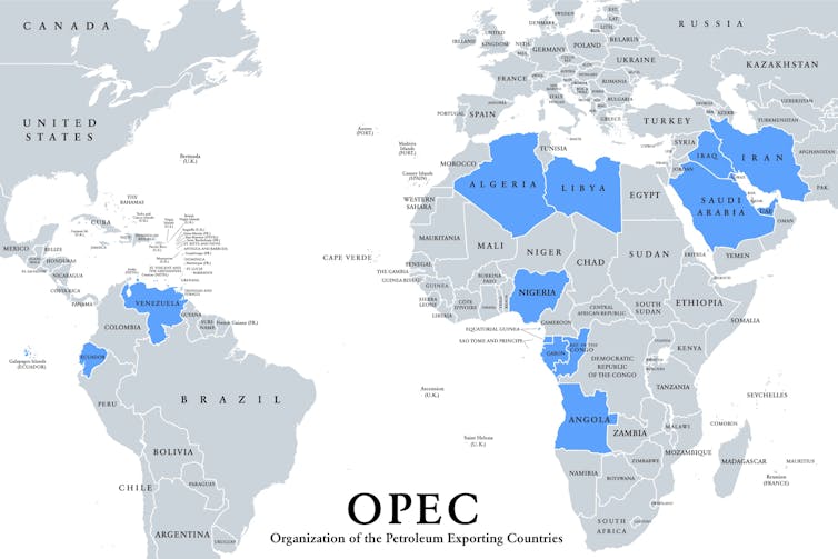 Map using blue to identify countries which export oil.