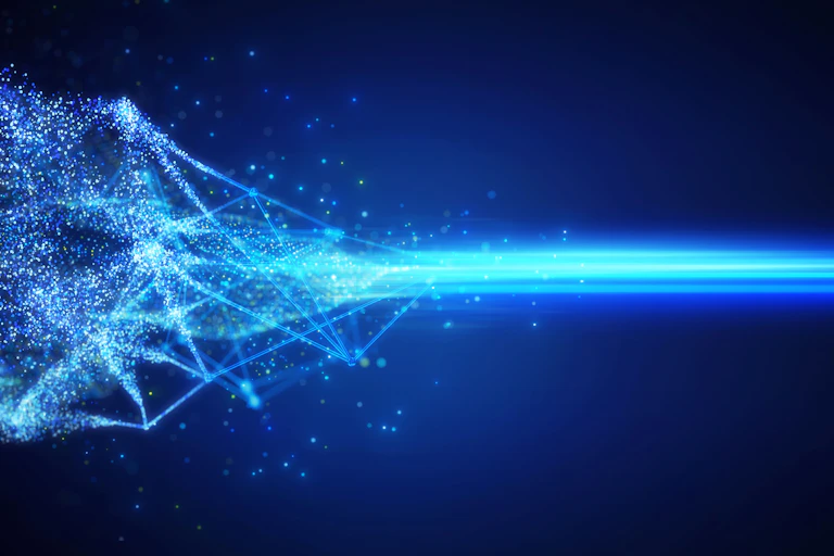 Bright flashes bounce around and then join into a a focused beam