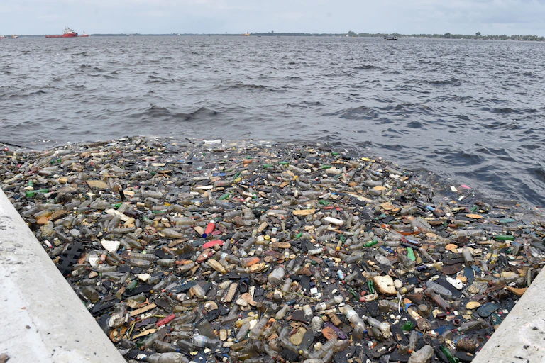Plastic and other debris floating in the ocean.