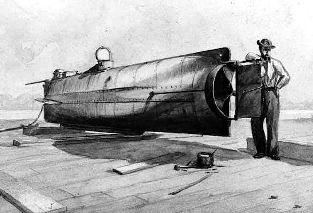Dessin de 1902 du sous-marin le Hunley à quai.