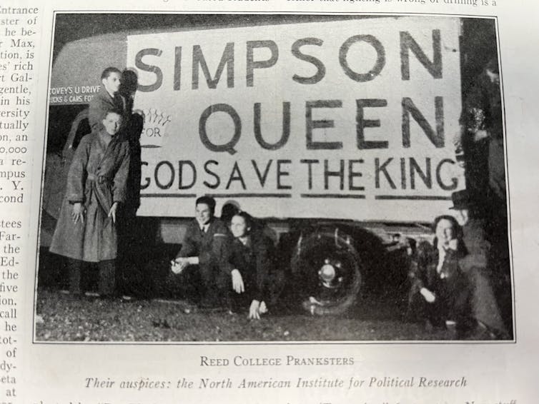 A group of American students with a banner calling for Wallis Simpson to be allowed to be Queen of England.