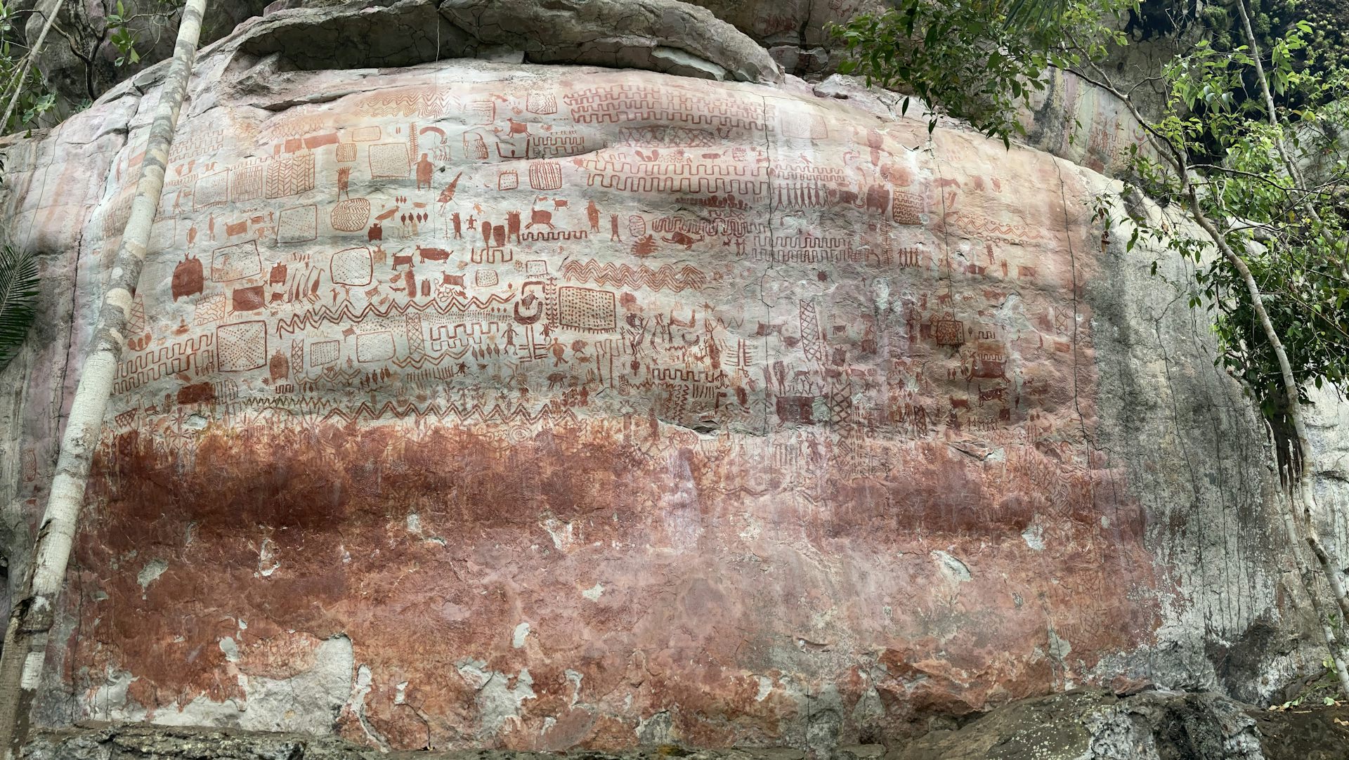 Pictographs on a stone wall in the Serranía de la Lindosa.