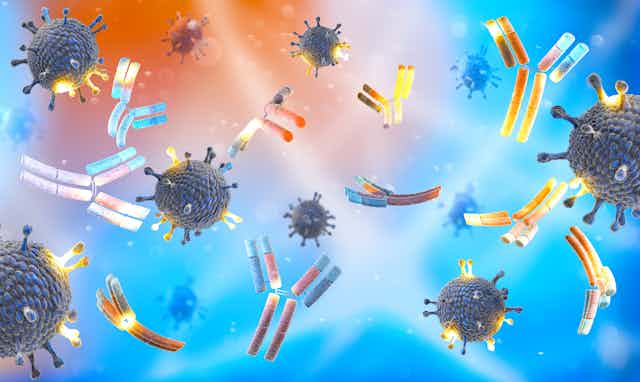 Illustration of antibodies and virus particles floating in a colorful gradient space