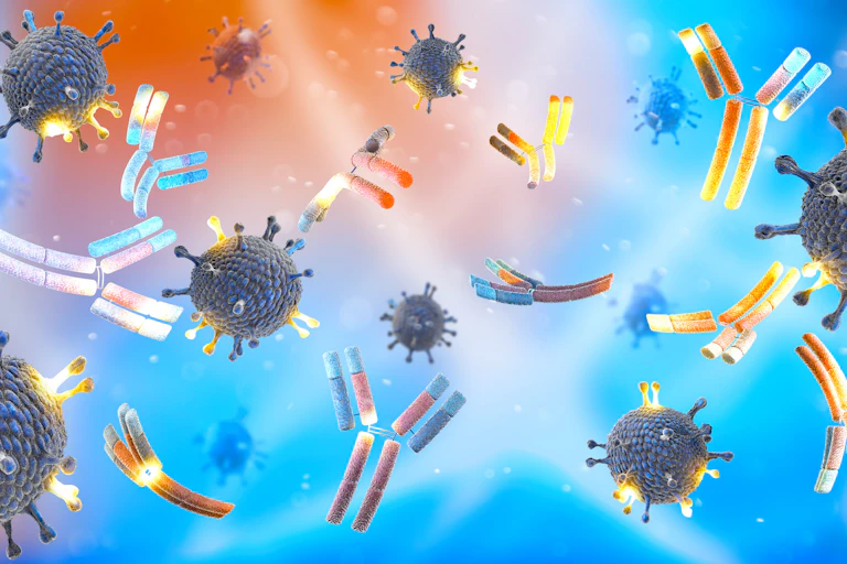 Illustration of antibodies and virus particles floating in a colorful gradient space