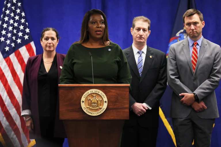 A black woman in a formal dress stands at a wooden podium, with three people and an American flag behind her.