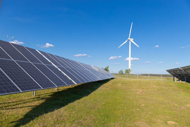 Solar panels and a wind turbine