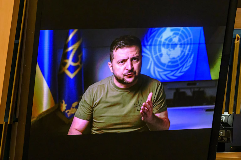 Screenshot of Ukrainian president, Volodymyr Zelensky, addressing the United Nations General Assembly, September 21 2022.