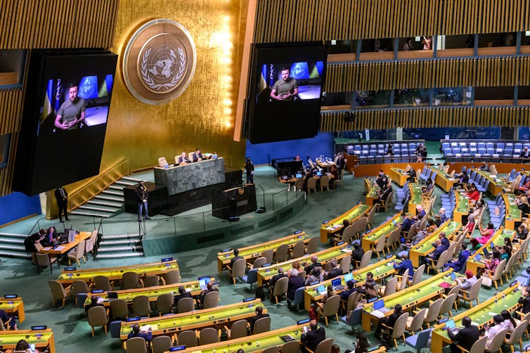 Volodymyr Zelenskyy, President of Ukraine, addresses the general debate of the 77th United Nations general assembly in a video message.