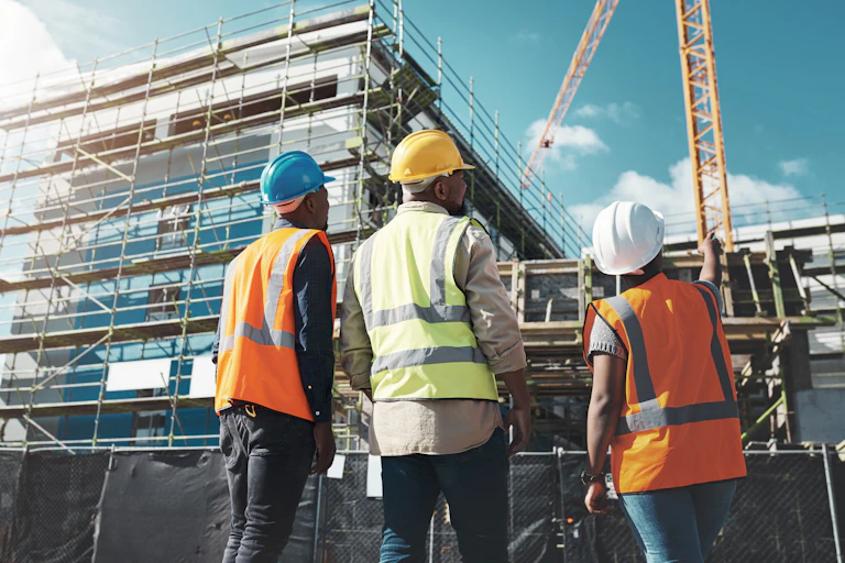 Three people in hard hats and luminous vests looking at a crane in a building site