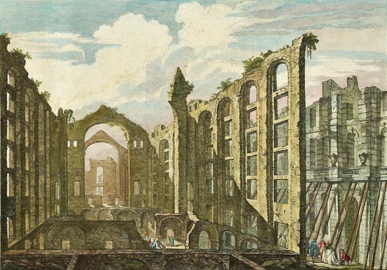 Pintura de las ruinas de un antiguo teatro monumental.