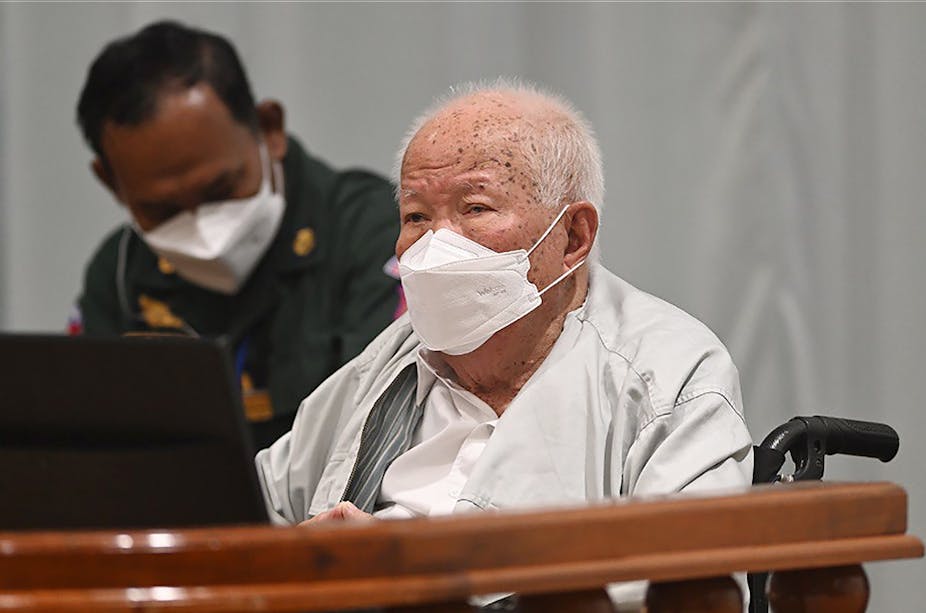 Khieu Samphan, the former head of state for the Khmer Rouge, sits in a courtroom during a hearing at the U.N.-backed war crimes tribunal in Phnom Penh, Cambodia