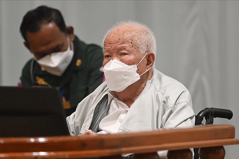Khieu Samphan, the former head of state for the Khmer Rouge, sits in a courtroom during a hearing at the U.N.-backed war crimes tribunal in Phnom Penh, Cambodia