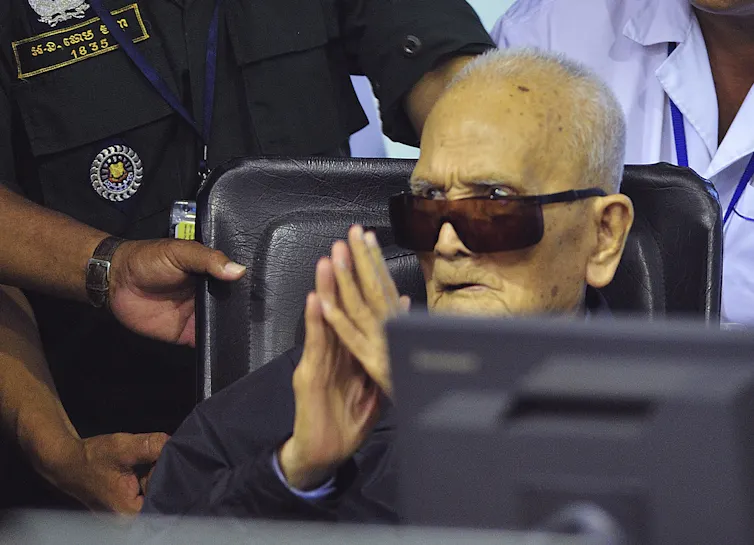 Nuon Chea, who was the Khmer Rouge's chief ideologist and No. 2 leader, sits in a court room before a hearing at the U.N.-backed war crimes tribunal in Phnom Penh, Cambodia