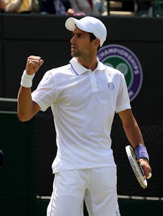 Tennis player Novak Djokovic raises his fist on the Wimbledon court.