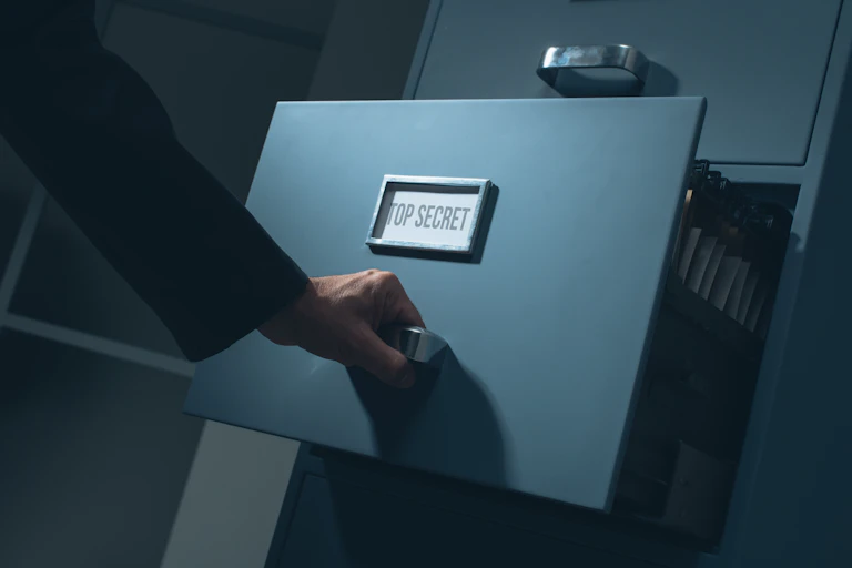A man's arm opening a drawer marked top secret.