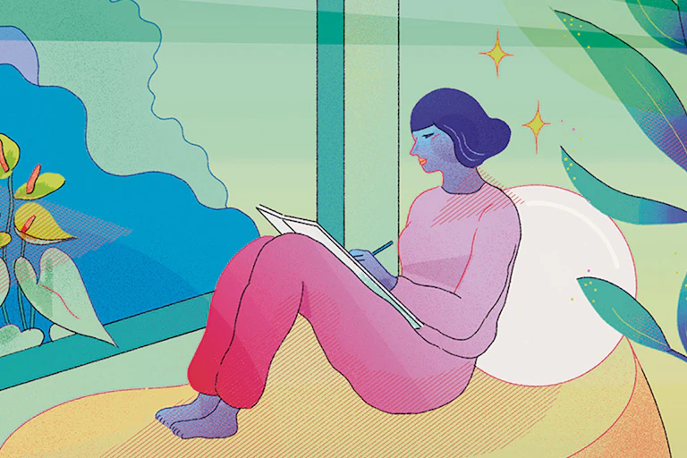 Ilustración de una mujer leyendo.