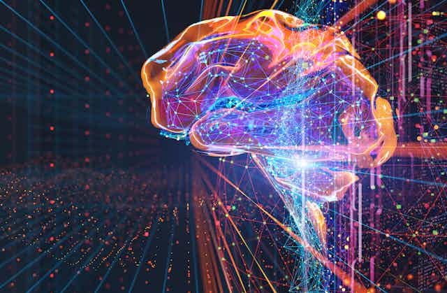 Three-dimensional rendering of a human brain lit 
