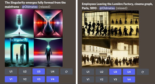 images generated by MidJourney AI, prompts 'The Singularity emerges fully formed from the mainframe', 'Employees leaving the Lumiere factory, Paris 1890'