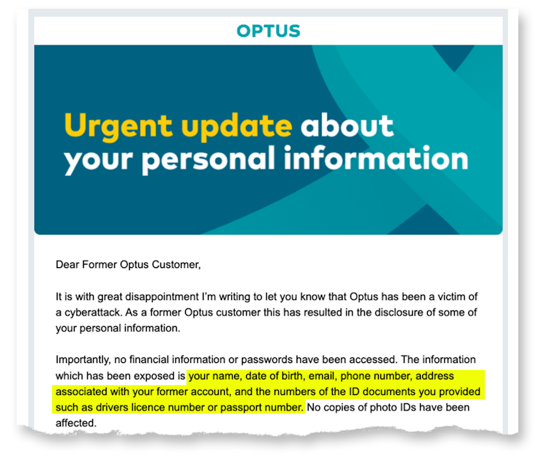 A snippet of an email received by a former Optus customer