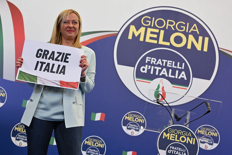 Giorgia Meloni at her party headquarters in Rome