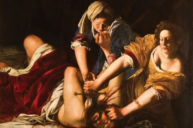 Two women cutting off the head of a man, with a dagger.
