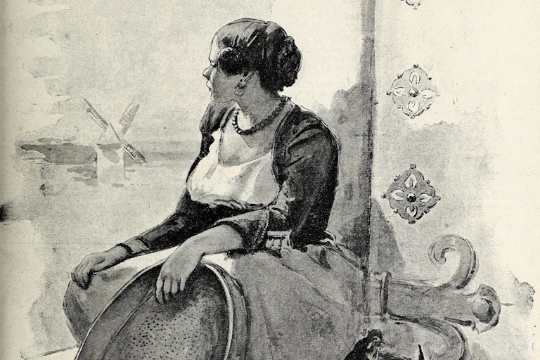 Dibujo de una mujer de perfil, mirando hacia los molinos de viento.