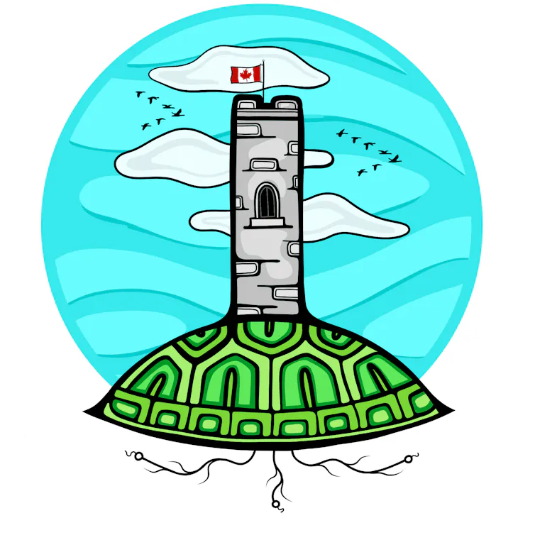 Graphic of a university tower topped by a Canadian flag standing on a Turtle's back
