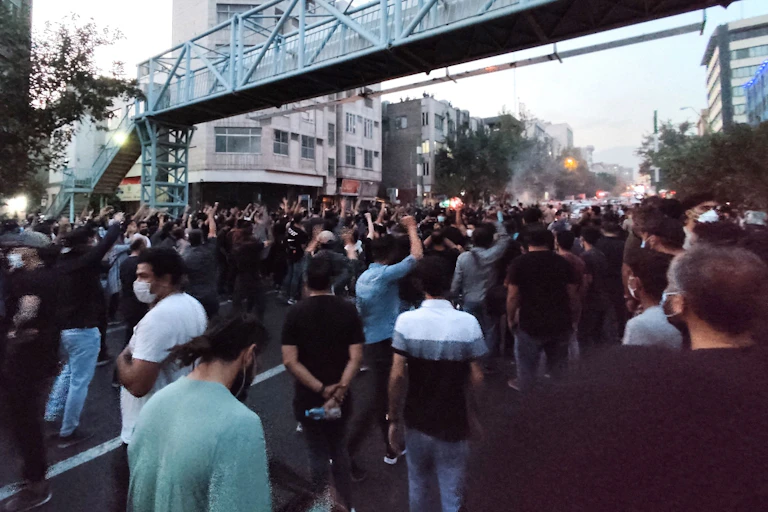 Thousands of protestors are marching on a street with their fists in the air.