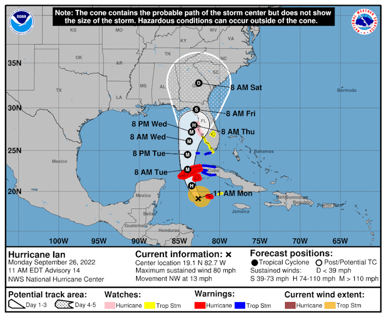 A forecast show's Hurricane Ian's expected trajectory just off Florida's Gulf Coast to make landfall in the northwest part of the peninsula.