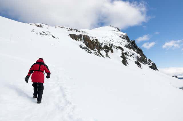 A person in winter clothes walks up a snowy slope