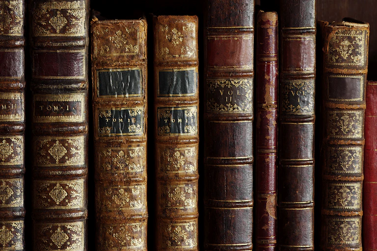 About a dozen old books stand perpendicular and alongside one another on a bookshelf.